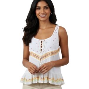 Free People Embroidered Lace Up Top Tiered Ruffled Hem XS
